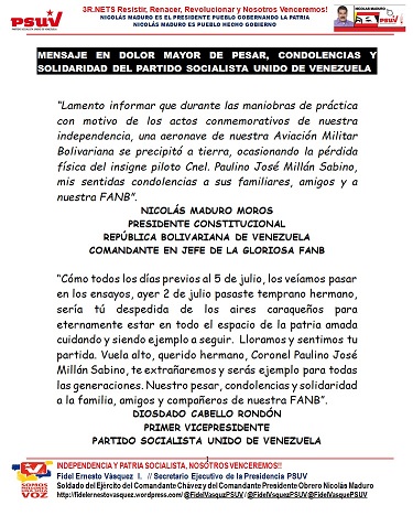 PORTADA MENSAJE DE PESAR, CONDOLENCIA Y SOLIDARIDAD DEL PARTIDO SOCIALISTA UNIDO DE VENEZUELA-Carpeta Fidel Ernesto Vasquez